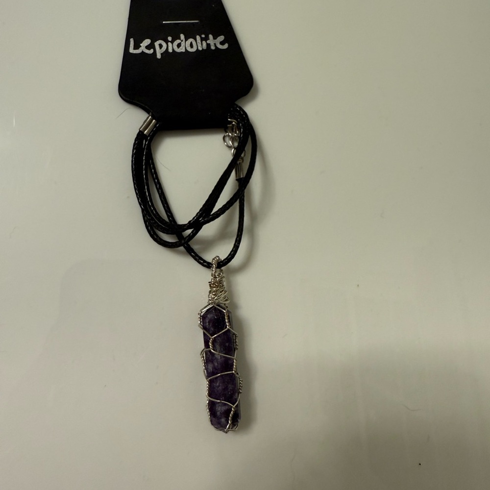 Hand Crafted Lepidolite Pendant Necklace in Purple and Black